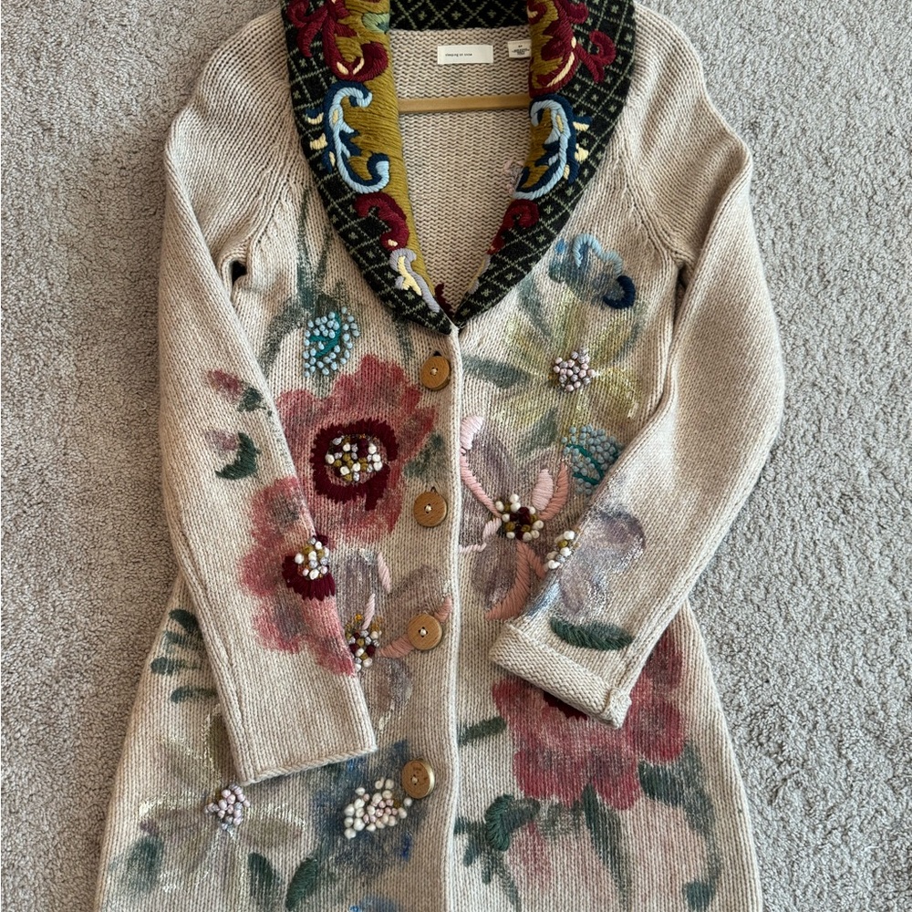 Anthropogie Sleeping on Snow painted embroidered tremendous Sweater Small